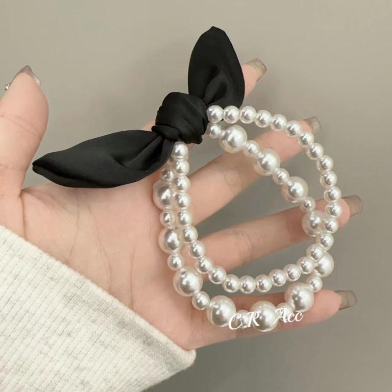 ヘアゴム パール ヘアアクセサリー レディース ヘアバンド ブレスレット リボン 二重 ホワイト