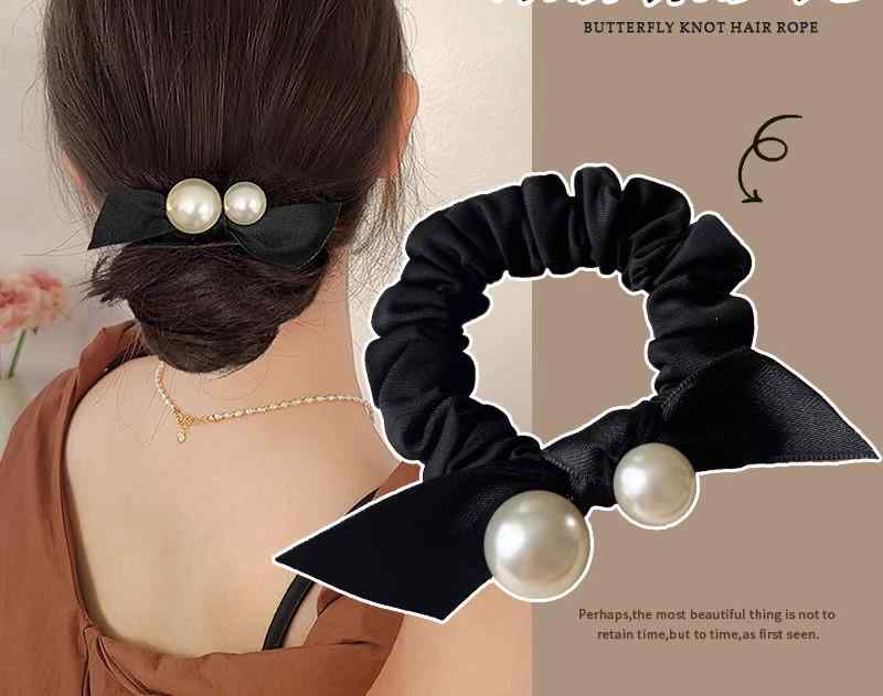 シュシュ ヘアゴム パール ヘアアクセサリー レディース リボン ヘアバンド シンプル ゴムバンド ボール ポニーテール ブラックのサムネイル