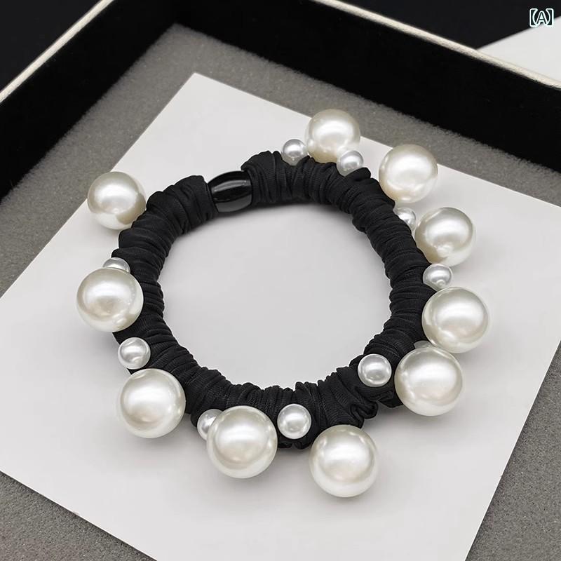 シュシュ ヘアゴム パール ヘアアクセサリー レディース ヘア ロープ ヘアリング ポニーテール 韓国 高弾性 ゴムバンド ホワイト