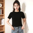 Tシャツ レディース 夏服 半袖 スリム 丸首 ショート丈 ハイウエスト トップス