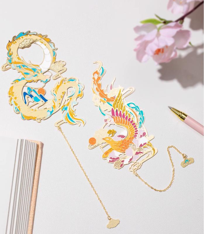 しおり 金属 おしゃれ ブックマーク カップル ギフト 文化的 中国風 日用品雑貨 文具 読書 ブックホルダー ドラゴン フェニックス