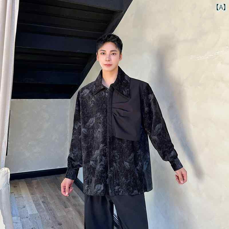 シャツ メンズ 春秋 長袖 カジュアル トップス 薄手 シンプル シングルブレスト ブラック 花柄