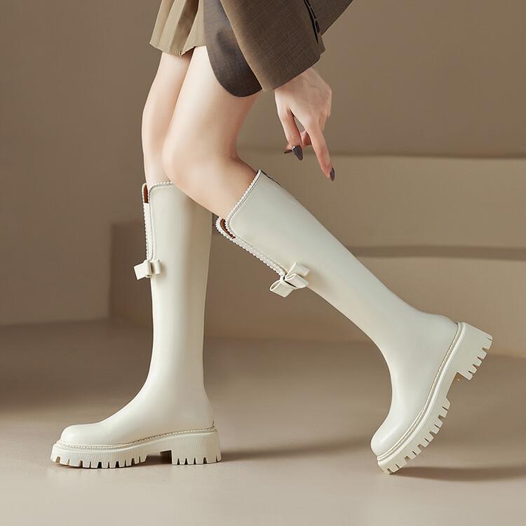 ブーツ レディース シューズ リボン ラインストーン 革 厚底 冬 暖かい ロング バックジッパー 白(4)