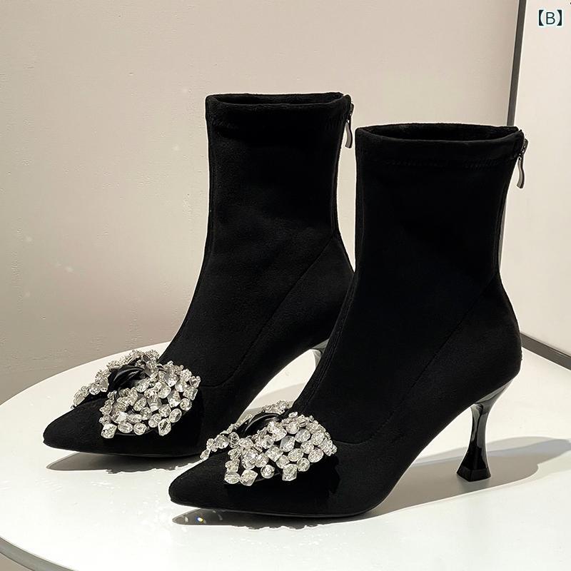 ブーツ レディース シューズ スリム ショート ハイヒール スティレット ラインストーン リボン 弾性 ス..