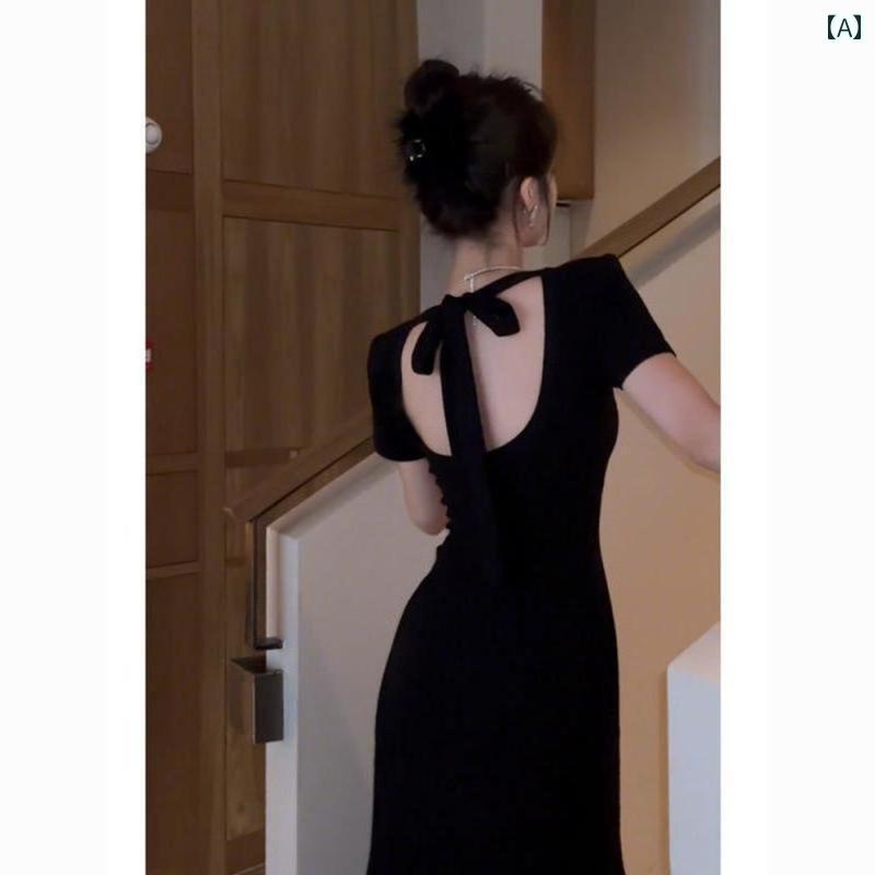 ワンピース 背中 開き バックレス ドレス レディース リゾート レトロ シック 半袖 Uネック ロング丈 ブラック