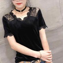 レース 切り替え ベロア 半袖 Tシャツ レディース 着痩せ おしゃれ ヒョウ柄 トップス インナー