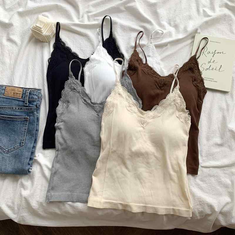 キャミソール インナー トップス レディース 夏 レース セクシー Vネック ノースリーブ ショート 黒 白 茶