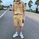 つなぎ 半袖 オーバーオール 作業着 メンズ 夏 ハーフパンツ ジャンプスーツ カジュアル 作業服 ブラック ベージュ