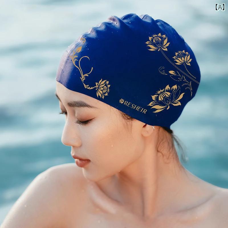 スイムキャップ 大人 水泳帽 メンズ レディース 夏 白鳥 耳カバー ロングヘア 日焼け止め シリコン 水泳 ネイビー ピンク 花柄