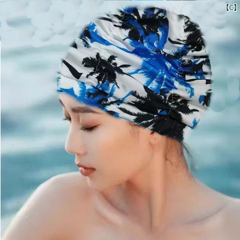 スイムキャップ 大人 水泳帽 レディース 夏 ロングヘア 日焼け止め 水泳 ブラック ブルー ドット