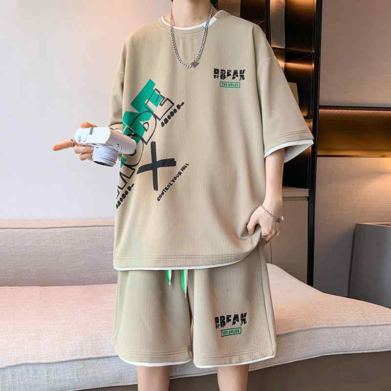 セットアップ 上下セット メンズ 半袖 ハーフパンツ 半パン 夏 カジュアル Tシャツ ショートパンツ ツーピース ラウンドネック カーキ ホワイト ブラック