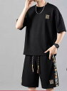 セットアップ 上下セット メンズ 半袖 ハーフパンツ 半パン 夏 スポーツ カジュアル Tシャツ ショートパンツ ツーピース ラウンドネック ゆったり ブラック グレー