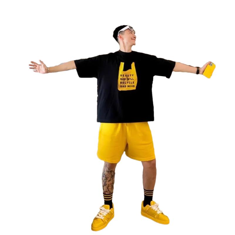 セットアップ 上下セット メンズ 半袖 ハーフパンツ 半パン 夏 カジュアル Tシャツ プリントT ショートパンツ ツーピース ラウンドネック ホワイト ブラッ...