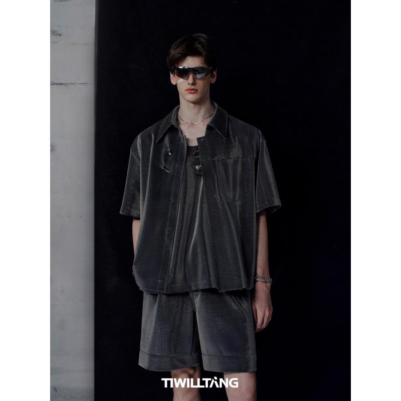 メンズ 半袖 ハーフパンツ 半パン 夏 カジュアル ファッション レギュラーカラー シャツ タンクトップ ショートパンツ ドレープ ブラック ピンク