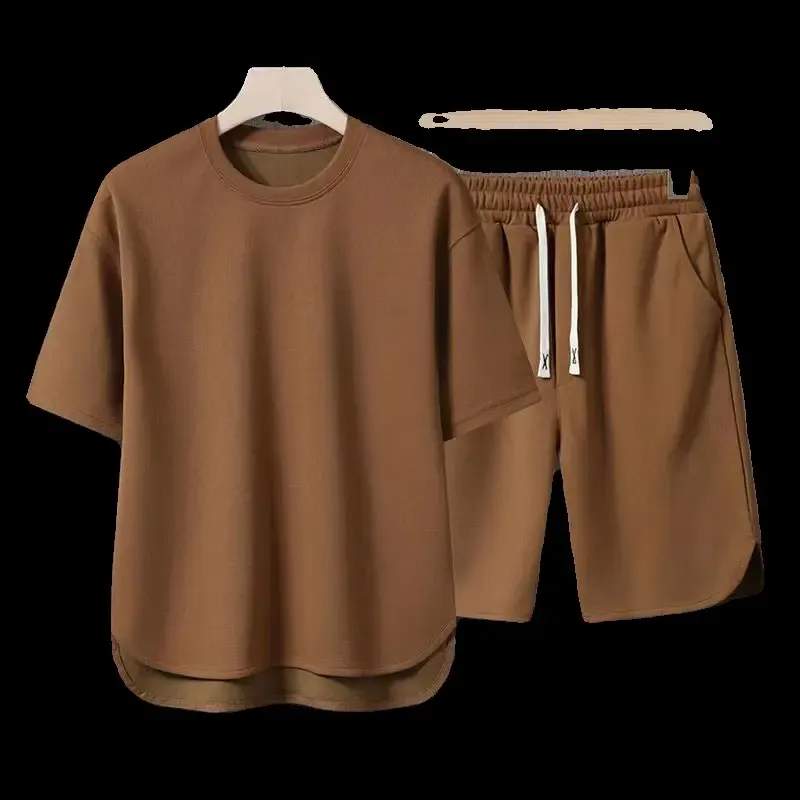 セットアップ 上下セット メンズ 半袖 ハーフパンツ 半パン 夏 スポーツ カジュアル Tシャツ ショートパンツ ツーピース ラウンドネック ゆったり ブラウン...