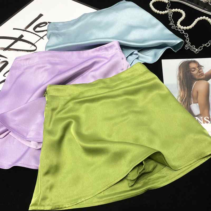 ミニスカート レディース ボトムス セクシー ガーリー Aライン ショート サテン 光沢 グリーン パープル ブルー