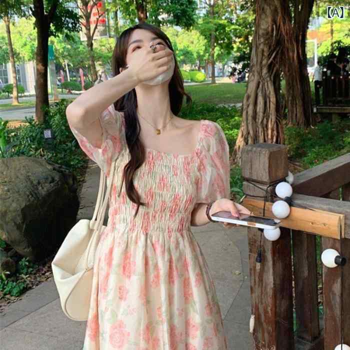 ワンピース レディース フレンチ スタイル 小花柄 ウエストマーク スクエアネック ミディ丈 ビーチ ドレス 上品 エレガント スウィート 細見え スタイルアップ