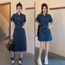 ワンピース レディース A字裙 半袖 短袖 POLO领 长裙 复古藍 棉 接触冷感