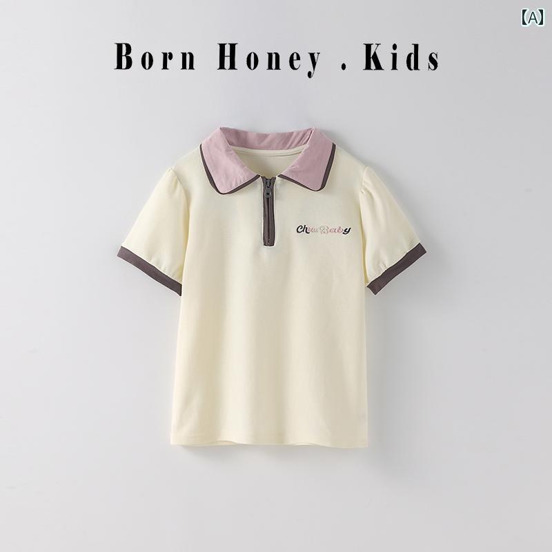 ポロシャツ キッズ 半袖 女の子 子供服 夏 カジュアル かわいい ガーリー カレッジ スクール風 ファッ..