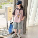 ポロシャツ キッズ 半袖 女の子 子供服 夏 カジュアル ストリート ファッション おしゃれ トップス ショートデニム セットアップ コットン ゆったり オーバーサイズ ピンク パープル ベージュ
