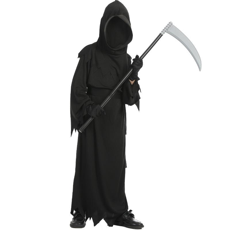コスチューム キッズ 死神 ハロウィン ホラー系 ゴースト 幽霊 仮装衣装 変装服 ローブ マント フード付き ブラック 黒 綿混素材 ポリエステル