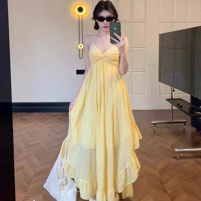 ワンピース レディース フレンチ Vネック キャミソール ロング マキシ丈 ビーチ リゾート バカンス 旅行 セクシー Aライン ノースリーブ ハイウエスト ポリエステル イエロー
