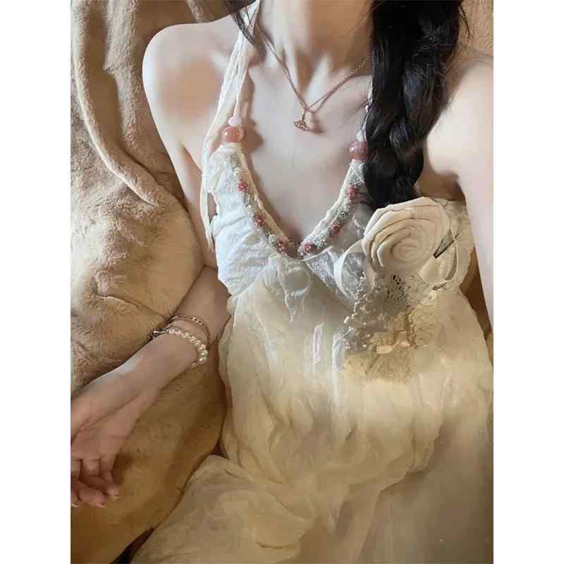 ワンピース レディース 純欲風 バックオープン 背中開き ホルターネック ストラップ シフォン ビーチ リゾート 旅行 夏 ロング丈 Aライン 上品アイボリー 無地