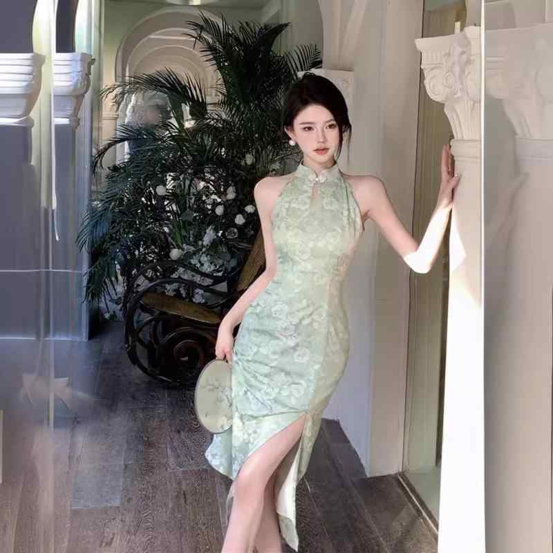 ワンピース レディース チャイナドレス風 ハルターネック ロング丈 タイト ボディコン 花柄 プリント グリーン エレガント 上品 スタンドカラー ハイウエスト セクシー ポリエステル レトロ(3)