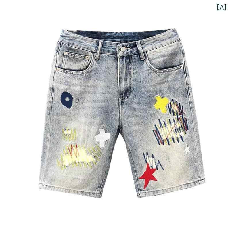 ハーフパンツ メンズ デニム 五分丈 綿 ストレッチ 伸縮性 ゆったり ストレート 個性的 ダメージ加工 刺繍 パッチワーク グラフィティ 夏用 普段使い カジュアルスタイル ブルー