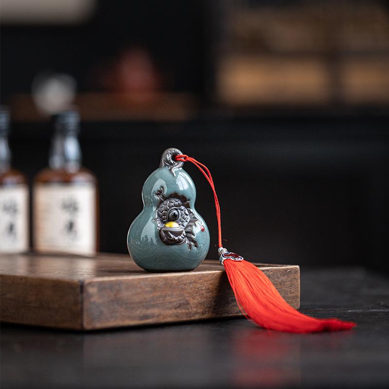 置物 陶器製 瓢箪 オブジェ 哥窯開片釉 上品なひび割れ模様 中華風 インテリア飾り リビング 書斎 玄関..