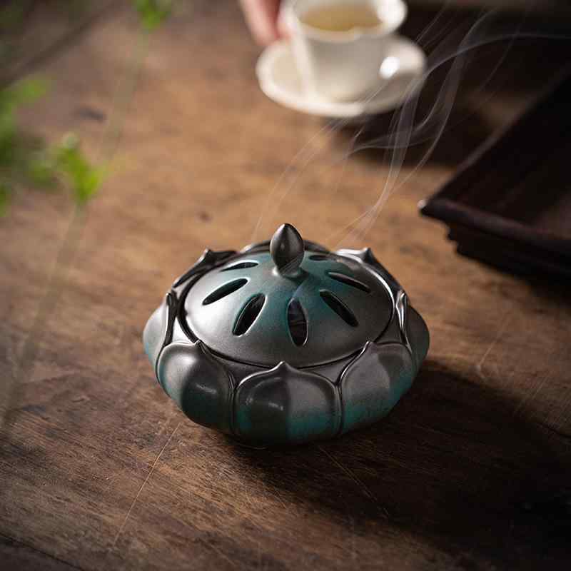 香炉 蓮花 陶器製 レトロ アンティーク調 渦巻き線香立て 家庭用 室内用 禅風 茶道 瞑想 空気清浄 白檀 沈香 アロマ おしゃれ 癒し