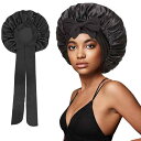 ナイトキャップ ヘアキャップ 伸縮性 サテン シルク調 ポリエステル 髪の保護 就寝用 ターバン リボン付き 丸型 無地 ワイド 通気性 UVカット オールシーズン