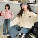 ポロシャツ キッズ 長袖 女の子 子供服 春秋 カジュアル トップス トレーナー プルオーバー ショート丈 デニムパンツ セットアップ ゆったり オーバーサイズ ベージュ ピンク