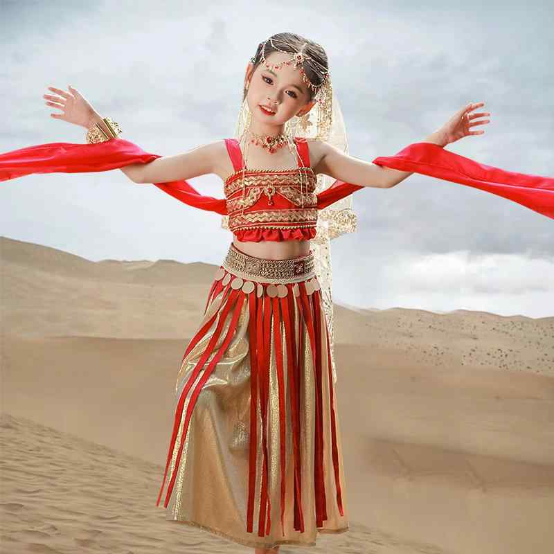 漢服 舞台衣装 女の子 キッズ 敦煌 飛天 反弾琵琶 古典 ダンス 発表会 エキゾチック チュール素材 エレ..