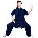 太極服 レディース 武術 太極拳 練習着 演舞服 発表会 朝練 稽古着 男女兼用 ローネック 半袖 ミドル丈 アセテート繊維 快適 通気性 ゆったり 軽量 紺 ネイビー ホワイトパイピング