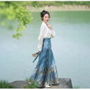 セットアップ レディース 馬面スカート 新中華風 漢服スタイル 改良デザイン 満庭芳 プリント 軽量 薄手 日常使い 通勤 交領 フライスリーブ ツーピース ポ...