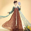 漢服 レディース 唐時代風 薄手 シフォンブラウス スクエアネック 斉胸襦裙 セットアップ ポリエステル 改良デザイン 日常使い プリント柄 リボンデザイン