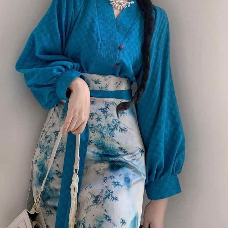 スカート メンズ 中国伝統 明朝スタイル 馬面スカート ロング丈 日常使い 普段着 リネン素材 通気性 プリント柄 ブルー