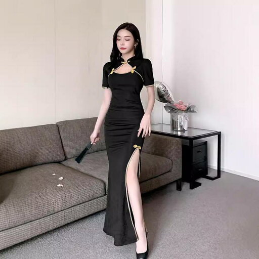 チャイナドレス レディース セクシー ミニ丈 スリット入り 掛ネック タイトフィット イブニングドレス パーティードレス お呼ばれ 結婚式 二次会 披露宴 半袖 ブラック ポリエステル チャイナドレス レディース セクシー ミニ丈 スリット入り 掛ネック タイトフィット イブニングドレス パーティードレス お呼ばれ 結婚式 二次会 披露宴 半袖 ブラック ポリエステル