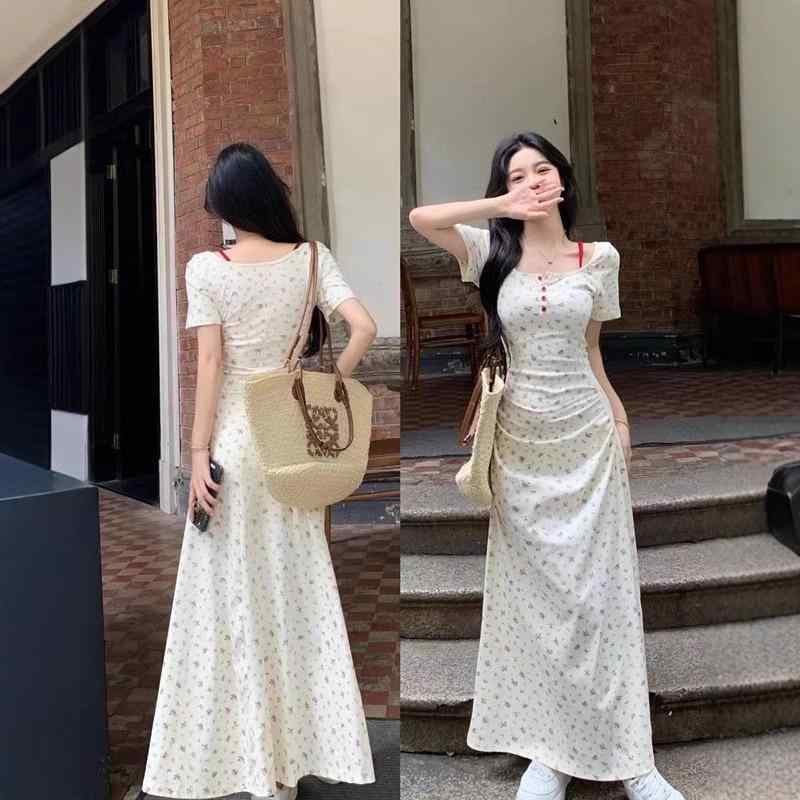 ワンピース レディース プラスサイズ 半袖 ロング丈 花柄 Aライン ウエストマーク 体型カバー 着痩せ クルーネック きれいめカジュアル ポリエステル ベージュ