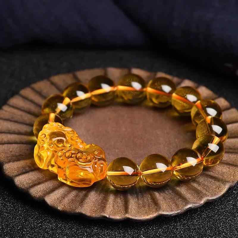ブレスレット メンズ レディース ペア 黄水晶風 貔貅 金蟾 ガラスビーズ 数珠 シンプル ファッション 電鍍加工 幾何学模様 イエロー 縁起物 招財 開運