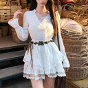 ワンピース レディース カジュアル リゾート フレンチスタイル Vネック 長袖 フリル袖 ハイウエスト ミディ丈 ティアードスカート 切り替え リボン デザイン性 ポリエステル 無地 体型カバー ゆったり 旅行 普段使い エレガント クラシック