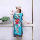 ワンピース レディース エスニック調 半袖 ミモレ丈 Aライン ゆったり 花柄プリント ひし形 牡丹 立体感 ポリエステル素材 シワになりにくい リゾート ビー...