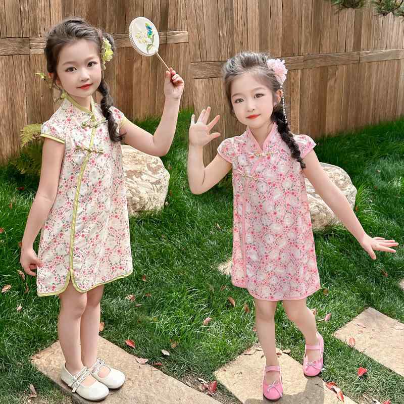 ワンピース 女の子 キッズ 改良 チャイナドレス風 プリンセス 花柄 Aライン コットン 夏 おしゃれ かわいい お出かけ 普段着 子供服 90cm 140cm ピンク イエロー