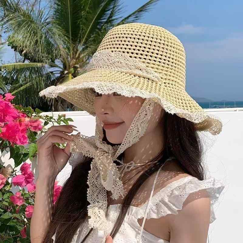 麦わら帽子 レディース レース 透かし編み ストローハット UVカット つば広 日よけ ハット 旅行 お出かけ ビーチ 海辺 リゾート 紫外線対策 日焼け防止 通気性 軽量 おしゃれ サマーハット