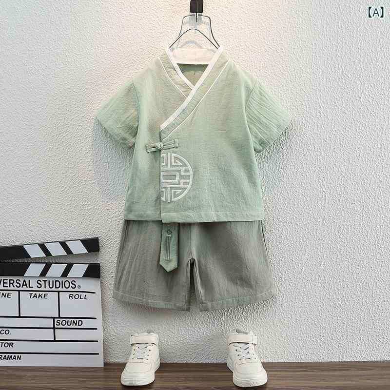 漢服 キッズ 男の子 ジュニア 男児用 薄手 夏物 中国風 唐装 伝統衣装 コスチューム 綿麻 再生繊維 セットアップ グリーン ピンク 上下セット かっこいい