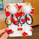 髪飾り 女の子 チャイナ風 付け毛 編み込み ポンポン タッセル リボン ヘアクリップ お正月 新年 漢服 和装 かわいい 手作り ビーズ 珠飾り 縁起物