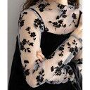 カットソー レディース レース メッシュ シアー ハイネック 長袖 フロッキー加工 花柄 刺繍 レトロ エレガント 上品 オフィス 通勤 ブラック オフホワイト グレー ブラウン