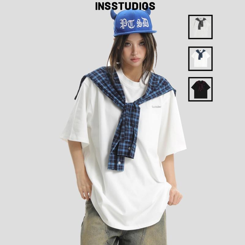 Tシャツ メンズ レディース 半袖 トップス 夏 カップル アメリカン カジュアル コットン フェイクツーピース チェック ゆったり ブラック ホワイト グレー