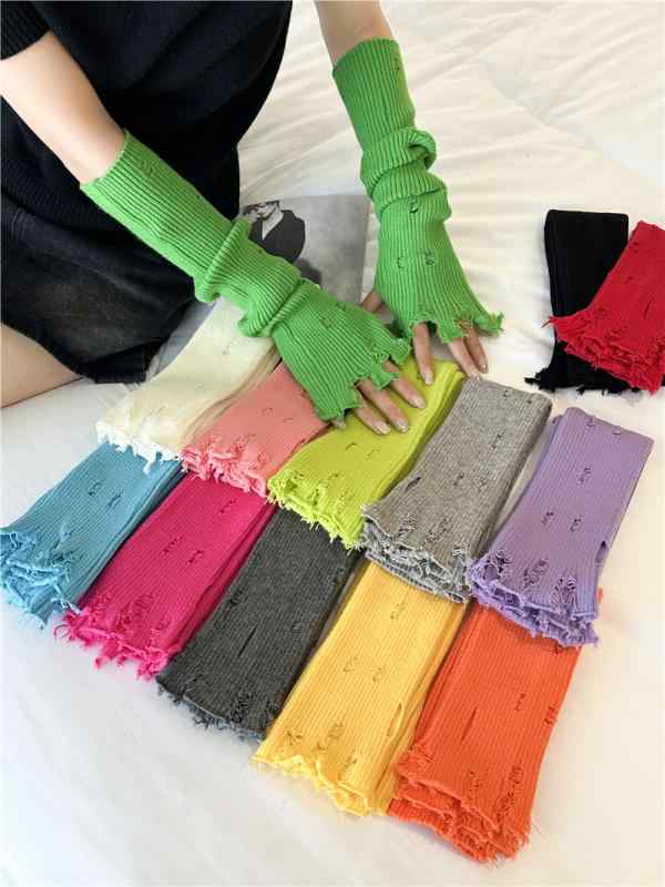 アームカバー おしゃれ レディース 韓国 穴あき ロング 手袋 学生用 ウール 暖かい 秋冬 グリーン ピンク ブラック